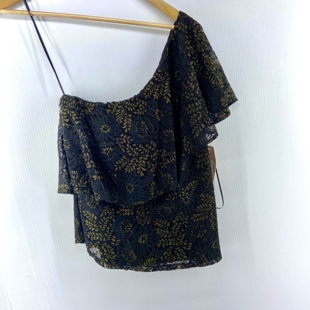 Nanette Lepore Black Gold Rich Romantics One Shoulder Lace Top Womens Medium NWT